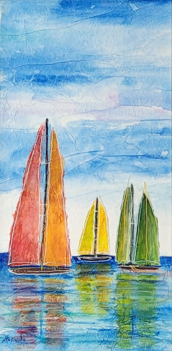Three sailboats on the water. Painting part two of a diptych. Acrylic and tissue paper on canvas