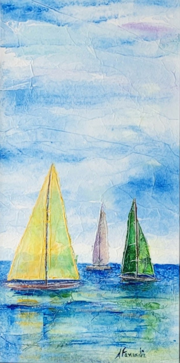 Three sailboats on the water. Painting part one of a diptych. Acrylic and tissue paper on canvase